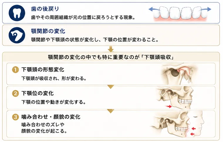 「噛み合わせが変わった」と感じる背景には、歯の後戻りと顎関節の変化（下顎頭吸収）の2つが考えられることを示す図